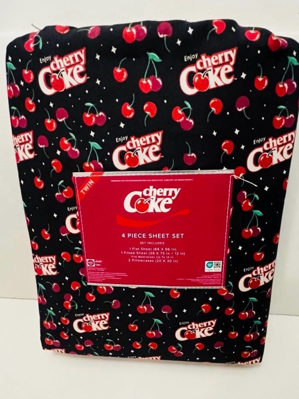 Enjoy Cherry Coke Twin Size 4 Piece Sheet Set Black Red White Green - Picture 9 of 12